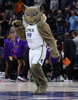 A full-body view of a basketball mascot in a lynx costume and white jersey, with players and fans in the background.